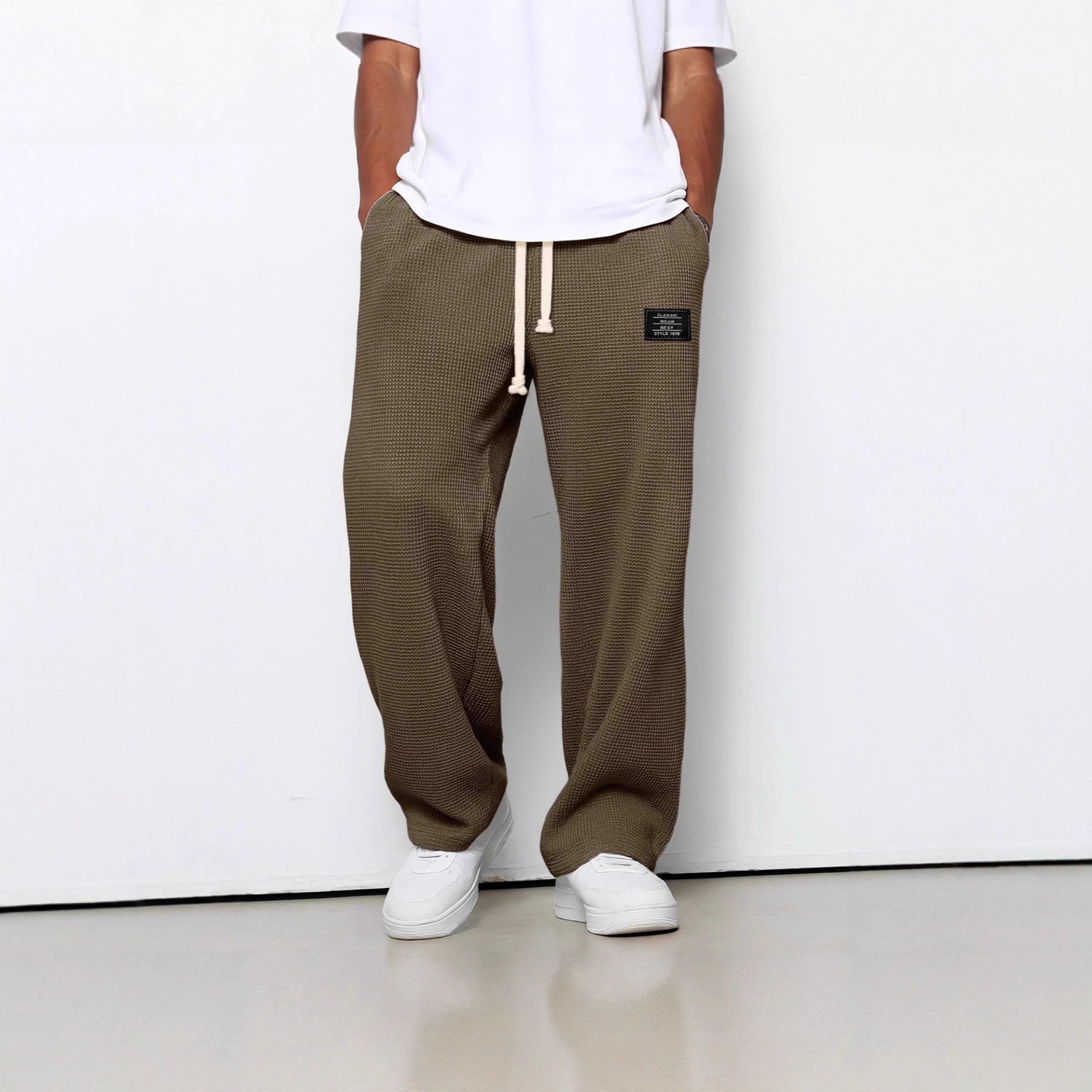Waffle Straight Pants Fashion Brand Loose Loose Drawstring Pockets Trousers Casual Men's Clothing