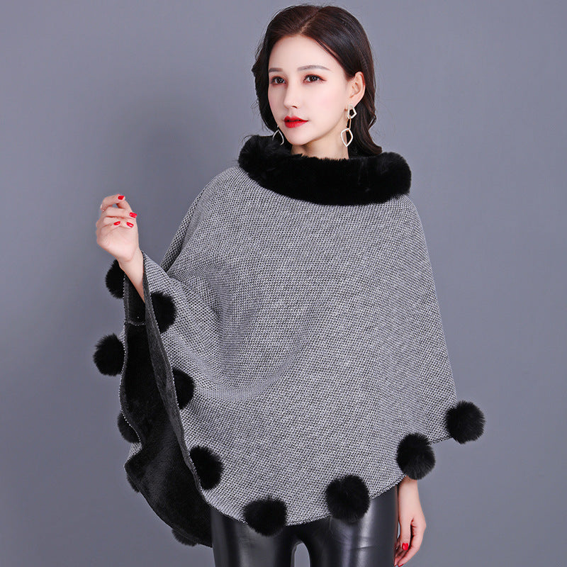 Women's Brown Mid-length Furry Ball Shawl Cape with Outerwear