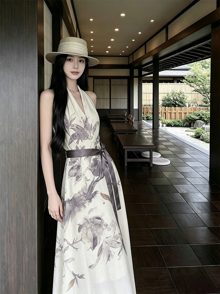 New Chinese-style V-neck Halter-neck Sleeveless Vest Dress