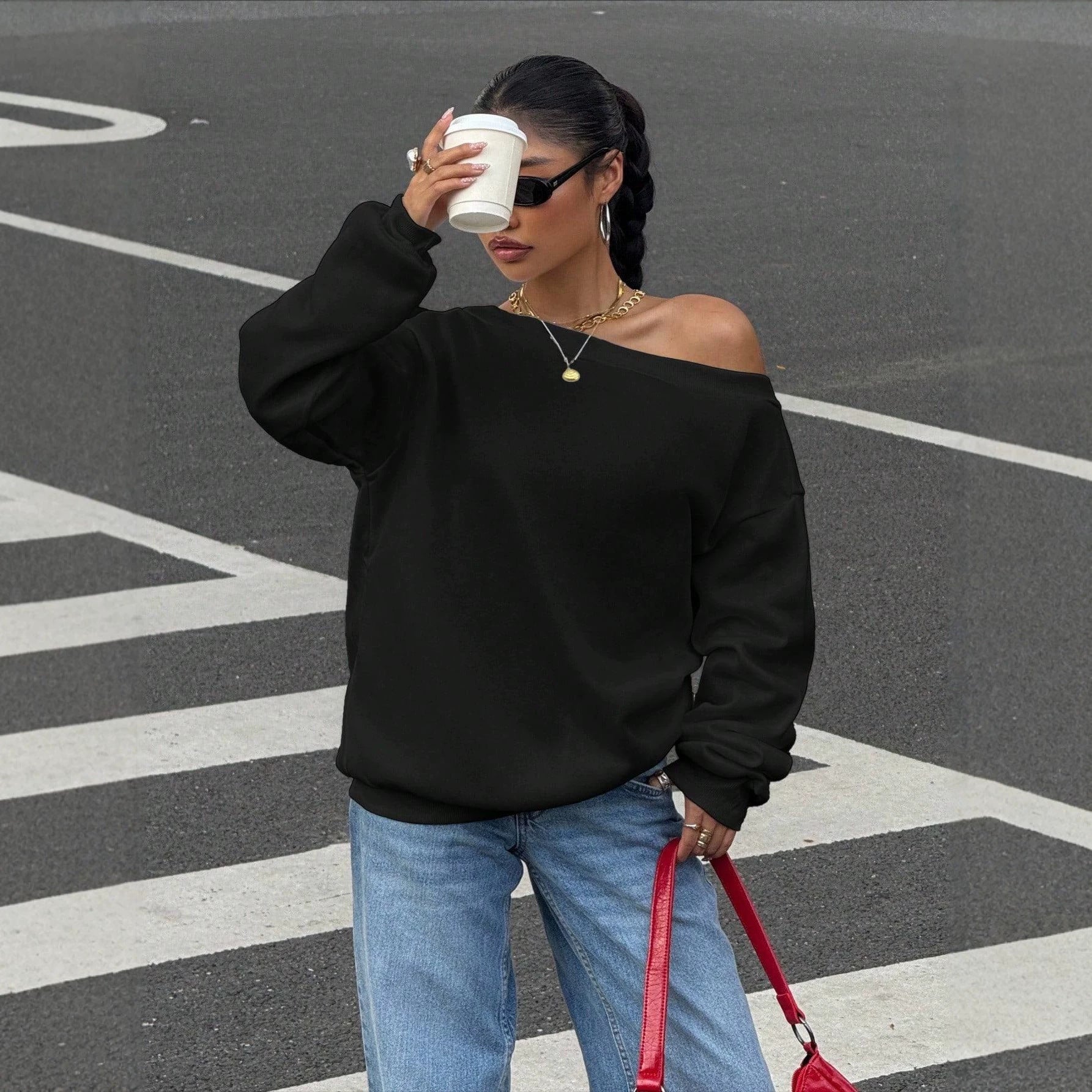 New Fallwinter Solid-color Loose-fit Off-shoulder Pullover