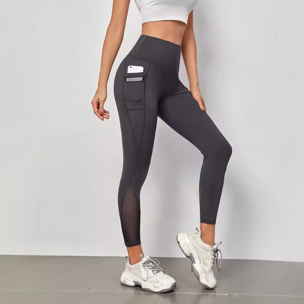High Waist Grenadine Stitching Yoga Pants Pocket Quick-drying Breathable Hip Lifting Sport