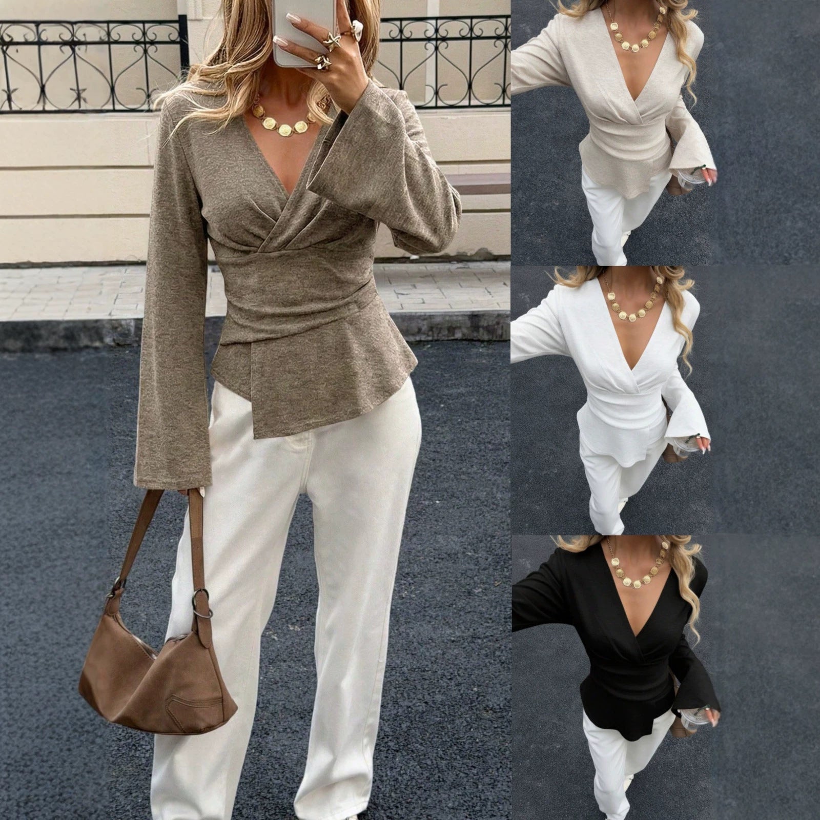 Irregular-hem Long-sleeve Designer Womens T-shirt
