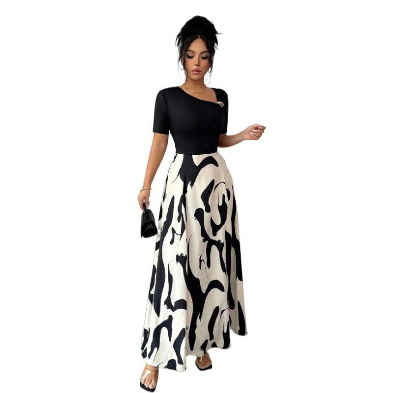 Womens Versatile Lace-up Waist-cinching Printed Dress