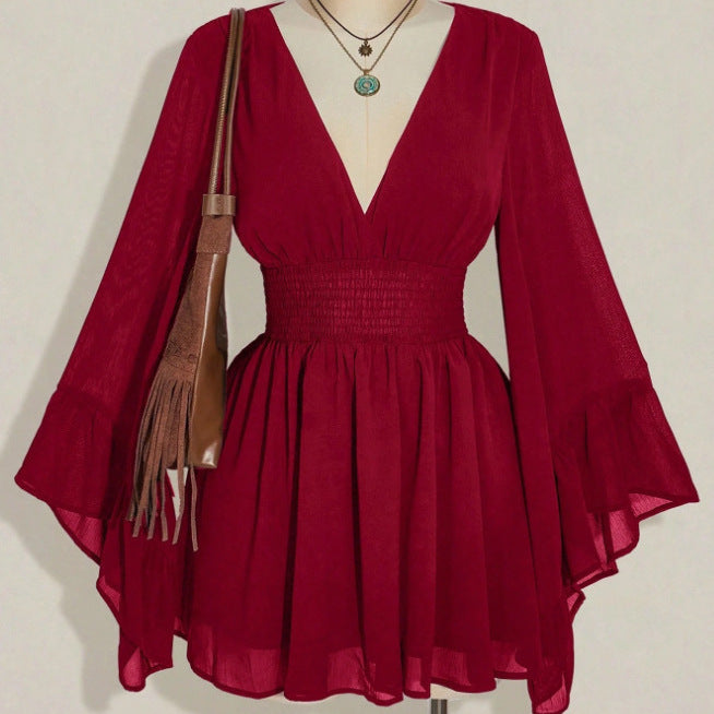 Womens Solid-Color Fashionable V-Neck Waist-Cinching Dress