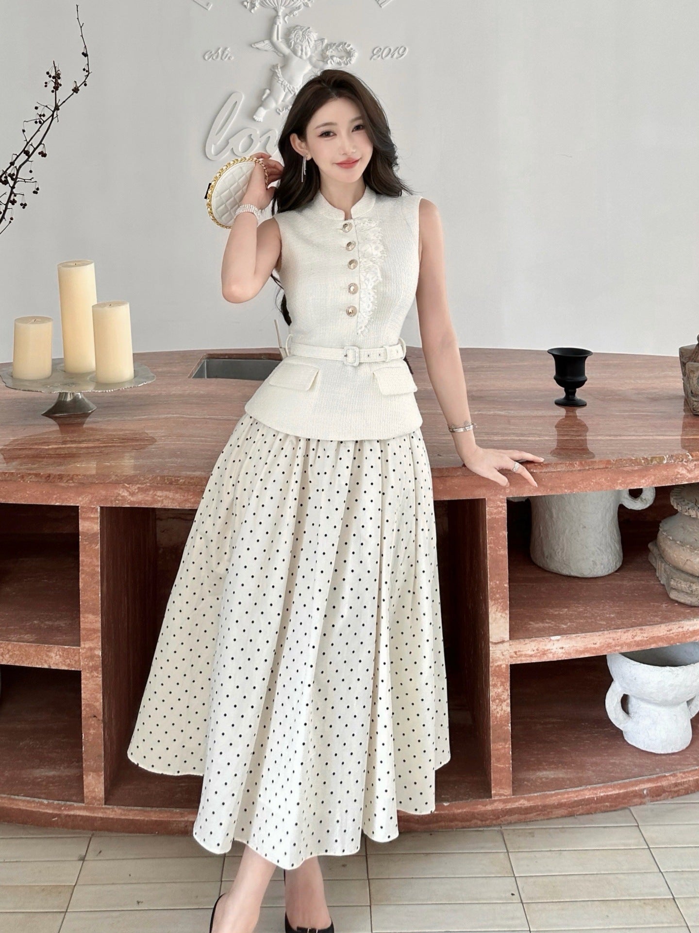 Sleeveless Faux Two-piece Spliced Polka-dot Dress