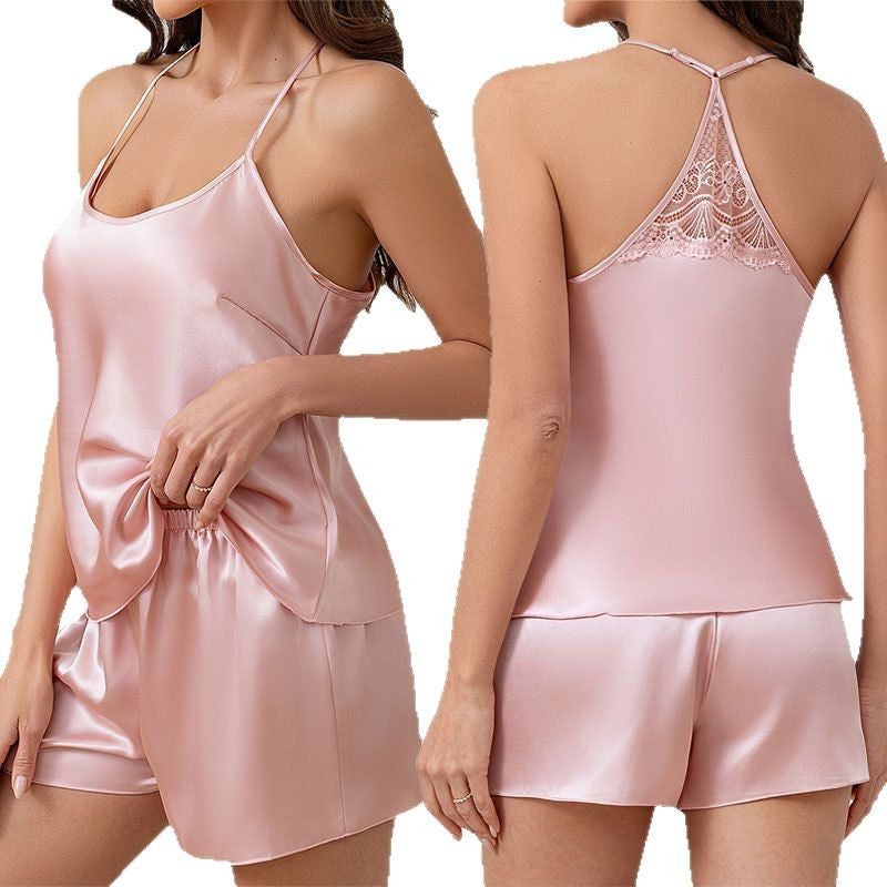 Womens Casual Silk Pajamas Solid-color Lace Loungewear Set