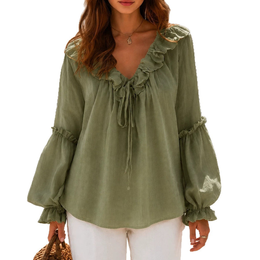 Retro Ruffled V-neck Top With Loose Figure-flattering Lantern Sleeves