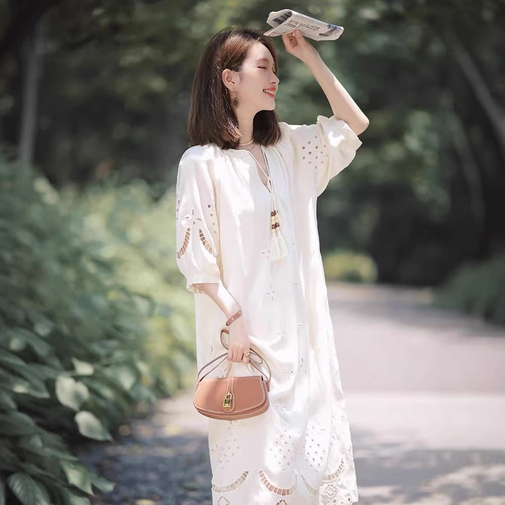 Skirt Ethnic Controversy Bohemian Long French-style Hollow-out V-neck Dress