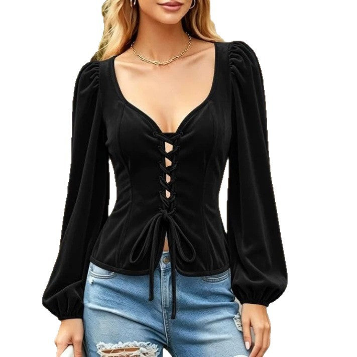 Solid-color Crew-neck Lace-up Velvet Blouse With Bubble Sleeves