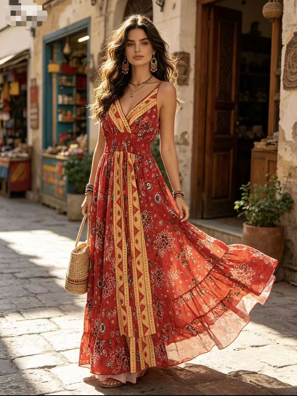 Women's Bohemian V-neck Strap Dress