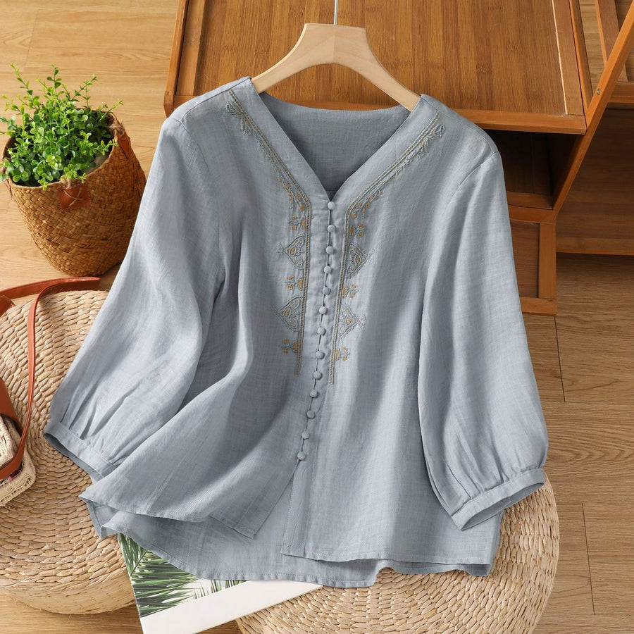 Literary Vintage Embroidered Design Half-sleeve Top