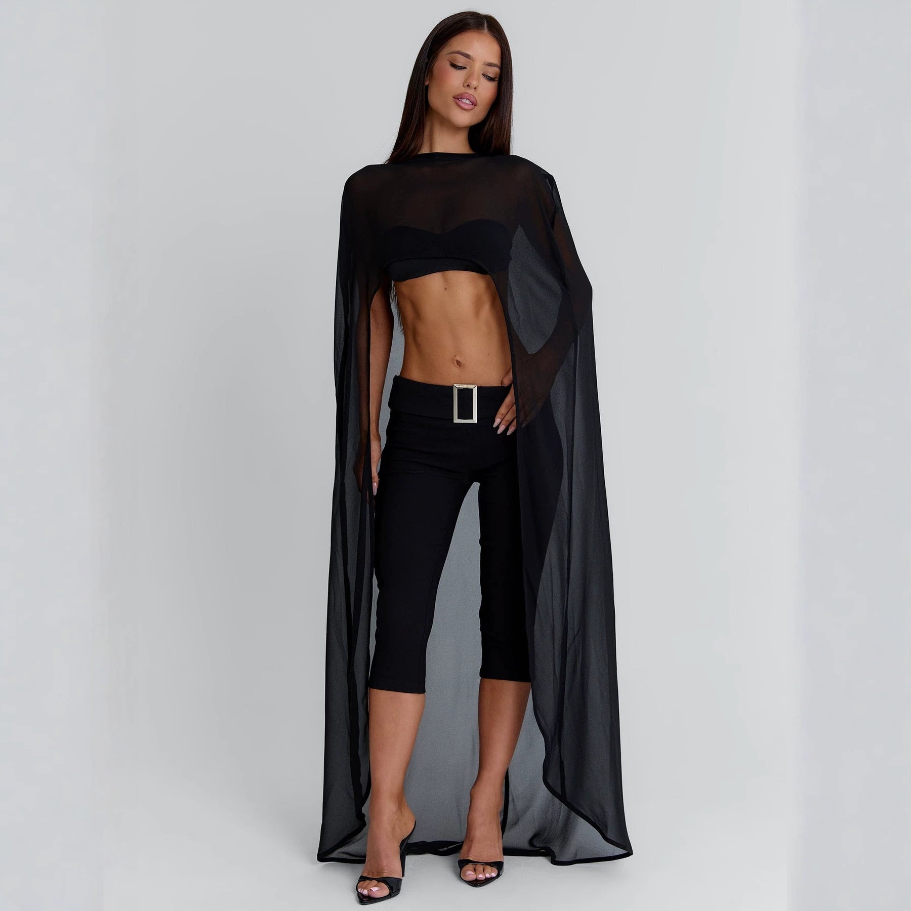 Elegant Womens Loose-fit Mesh Maxi Cape With Draped Batwing Sleeves And A Midriff-baring
