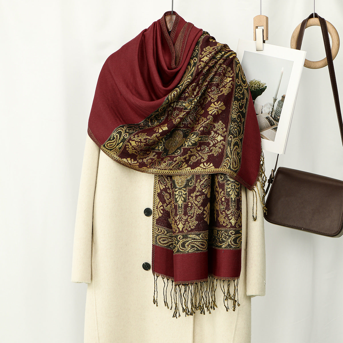 Bohemian-style Cashew-print Long Scarf With Tassels