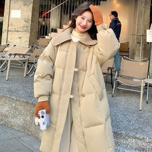 Womens Fashionable Knitted Long Cotton Coat With A Turn-Down Collar