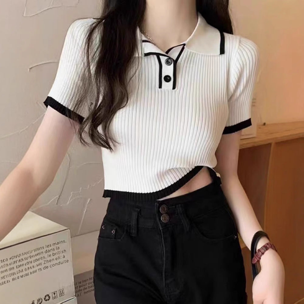 Color-block Polo-neck Short-sleeve Lightweight Knit Top