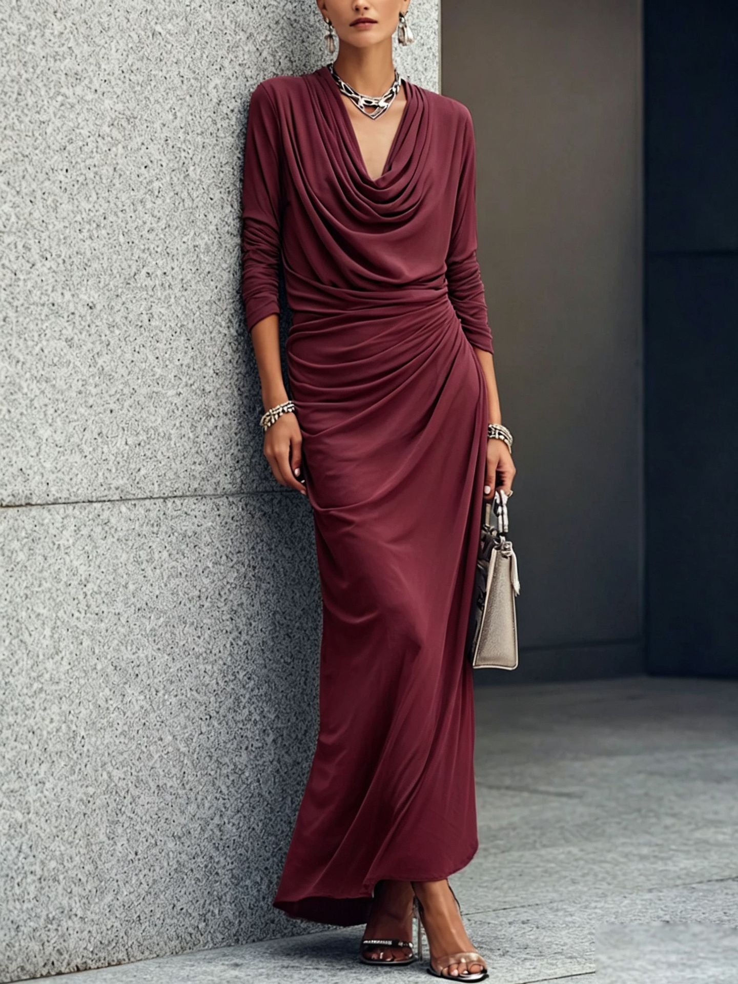 Women's Draped Boat-neck Long-sleeve Dress