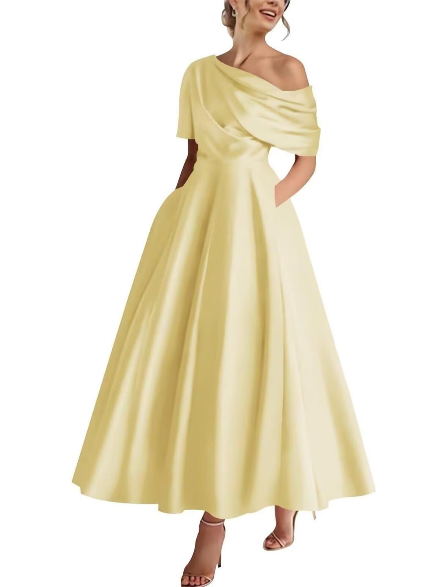 Satin Off-the-shoulder Draped Waist Dress