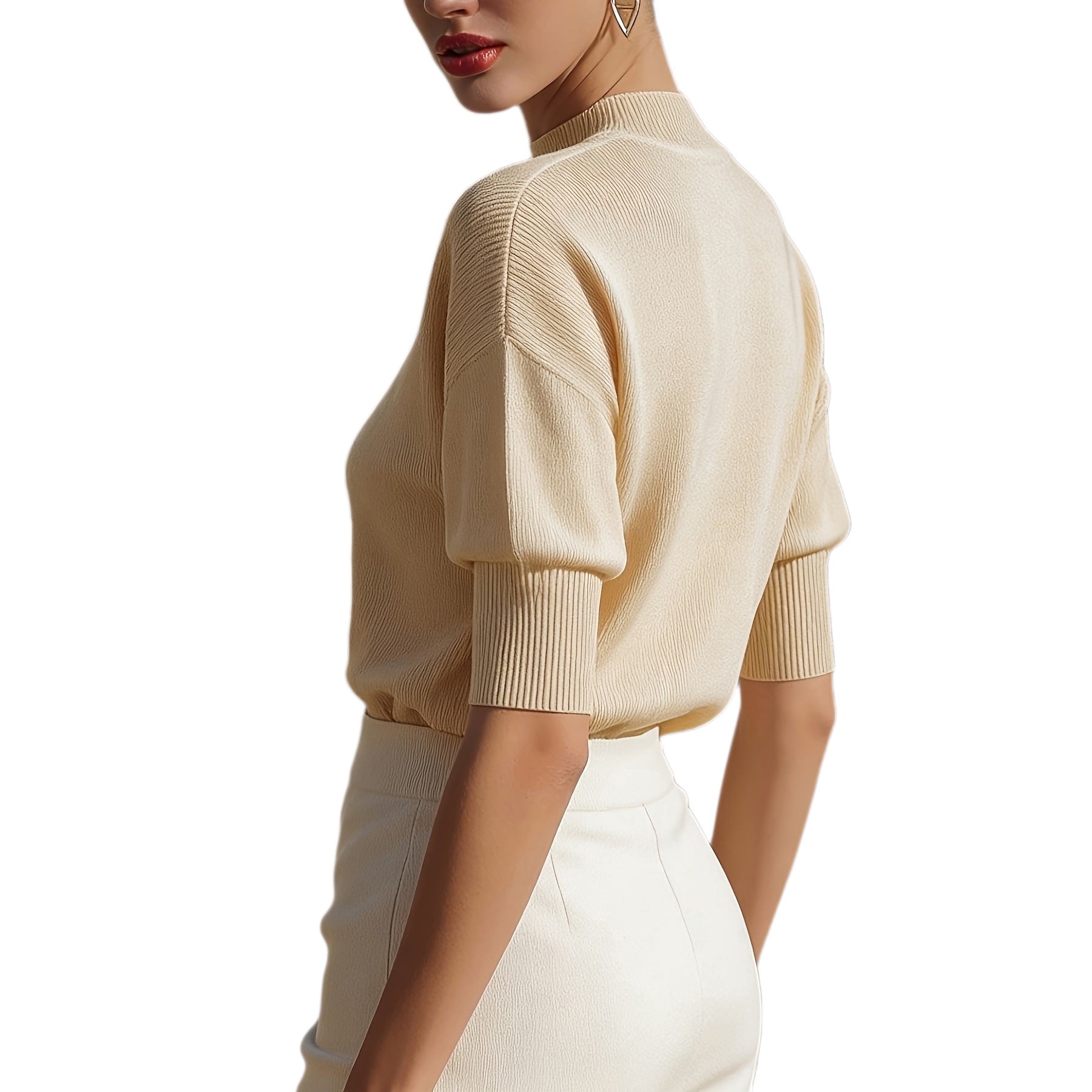 Womens Short-sleeved Knit Top Elegant Solid-color Slim-fit Sweater