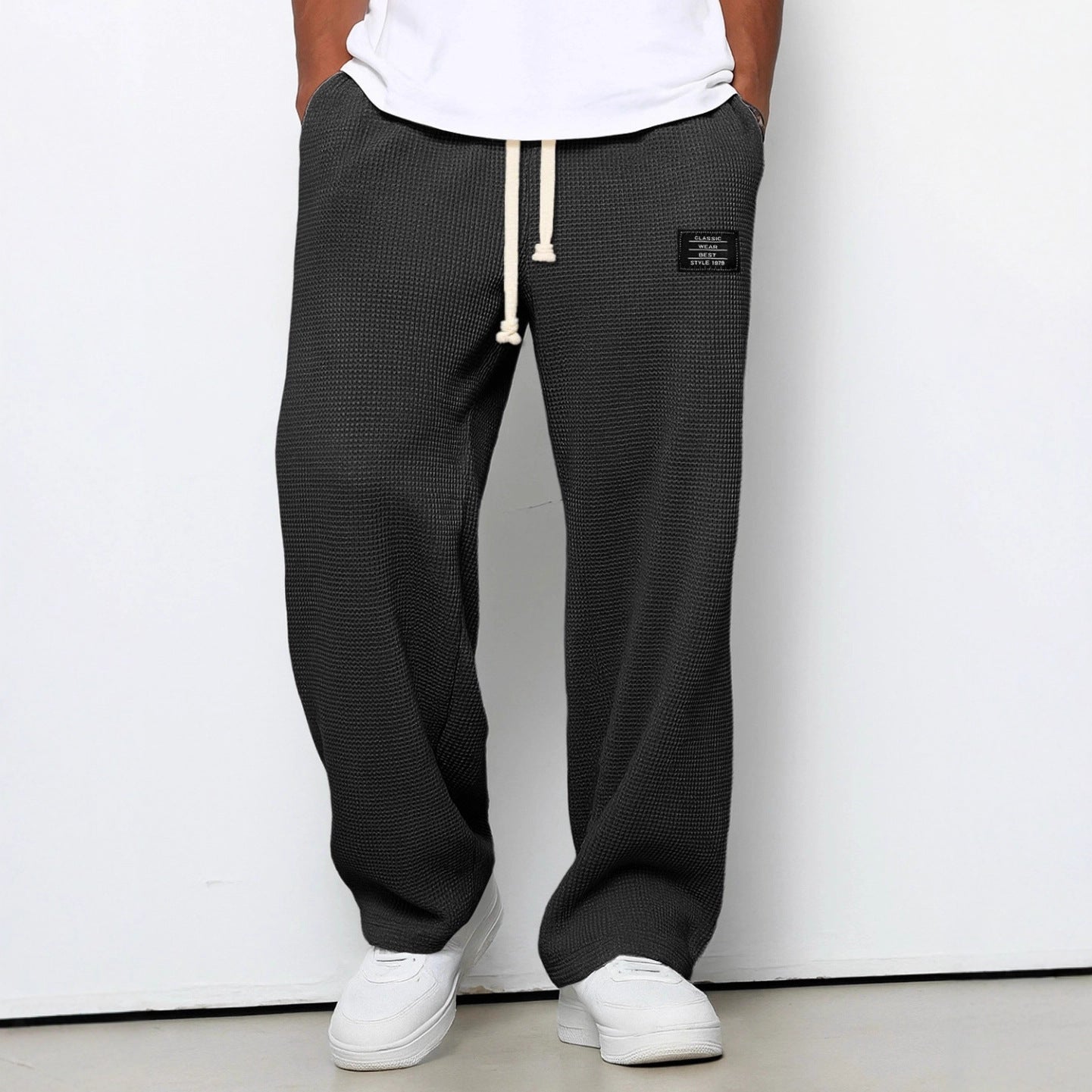 Waffle Straight Pants Fashion Brand Loose Loose Drawstring Pockets Trousers Casual Men's Clothing