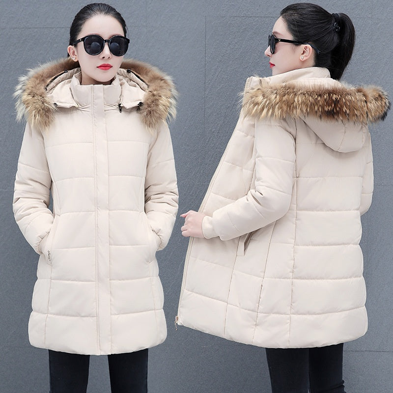 Detachable Hooded Mid-Length Padded Coat With A Big Fur Collar