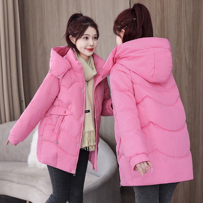 Womens New Solid-Color Mid-Length Puffer Jacket With Hood