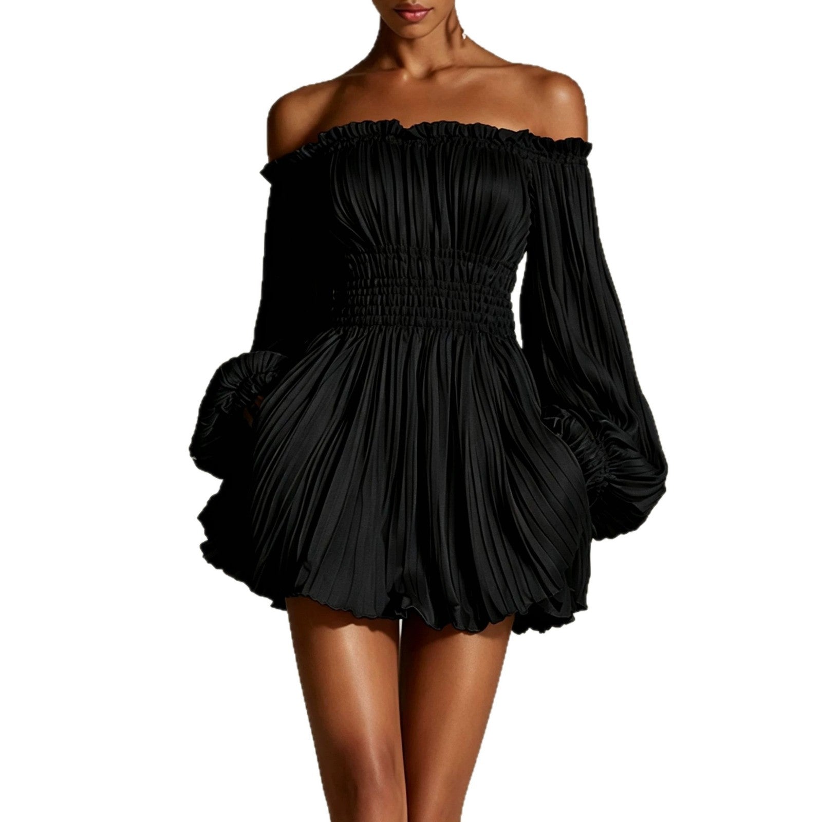 Womens Off-shoulder Pleated Waist-cinching Long-sleeve Dress
