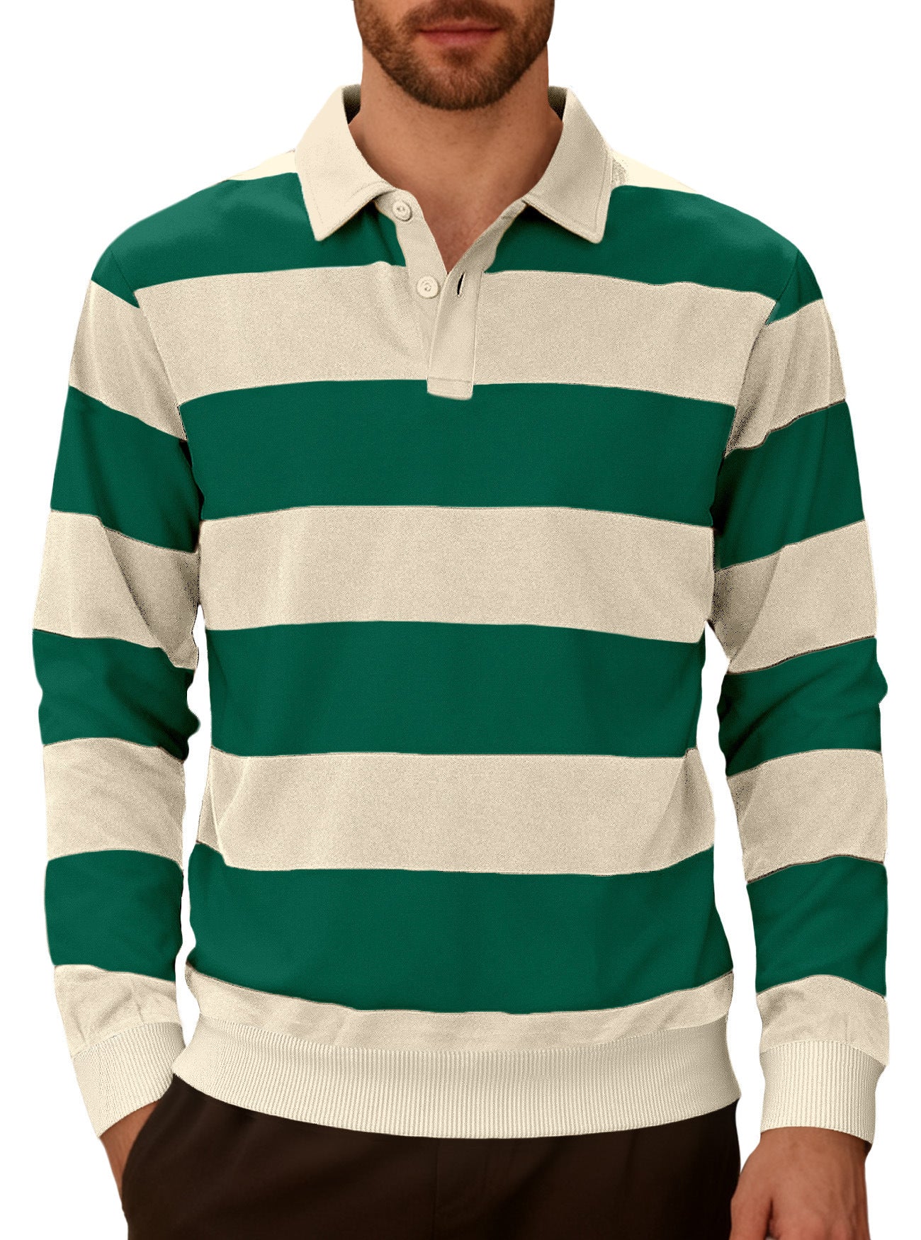 Men's Striped Color-blocked Button Long-sleeve Knit Shirt
