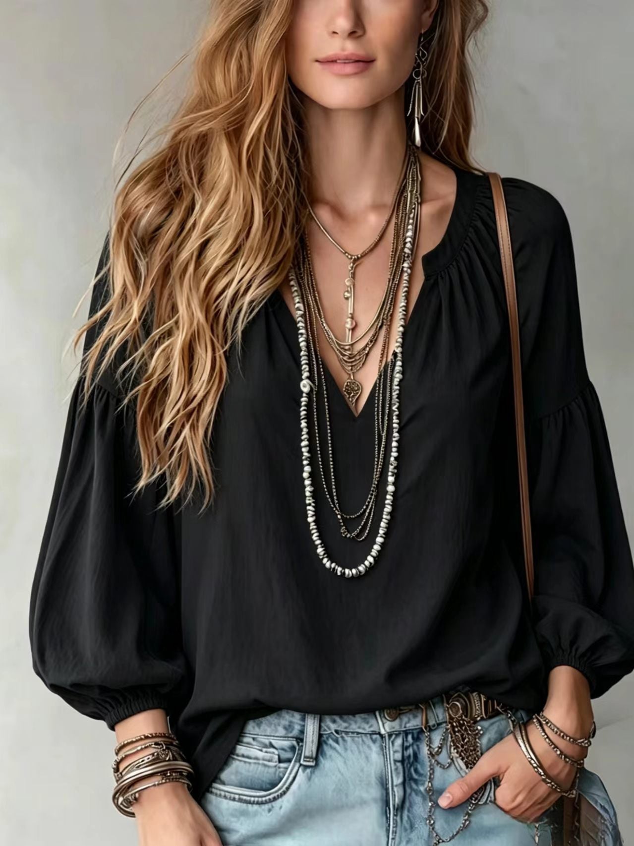 Womens Solid-Color Loose-Fitting Long-Sleeve V-Neck Shirt