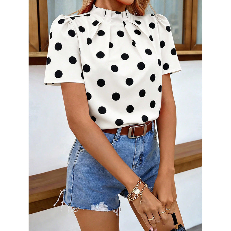 Womens Short-sleeve Top Polka-dot Mock Neck Elegant