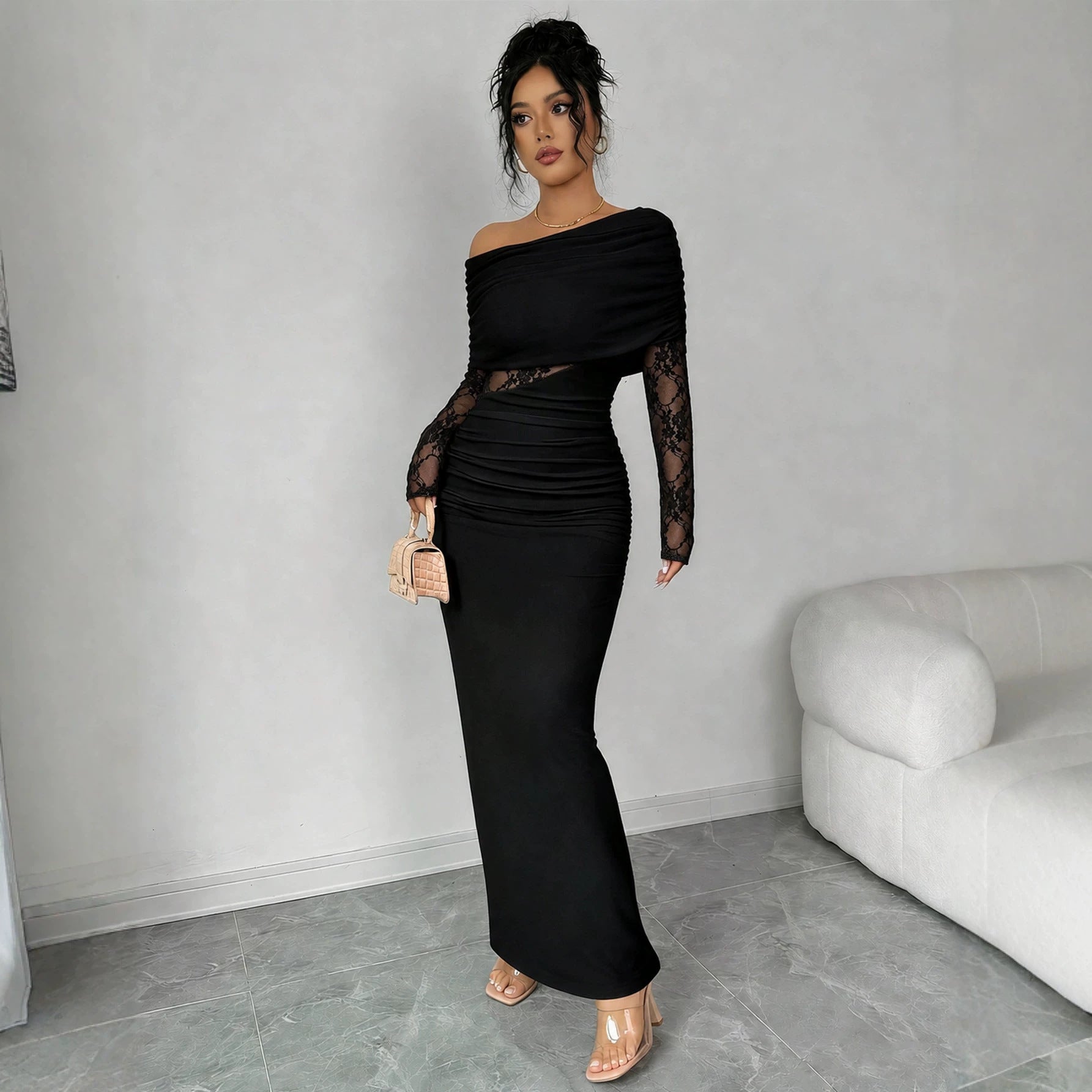 Lace-panelled Waist-cinching Figure-flattering Sheath Dress