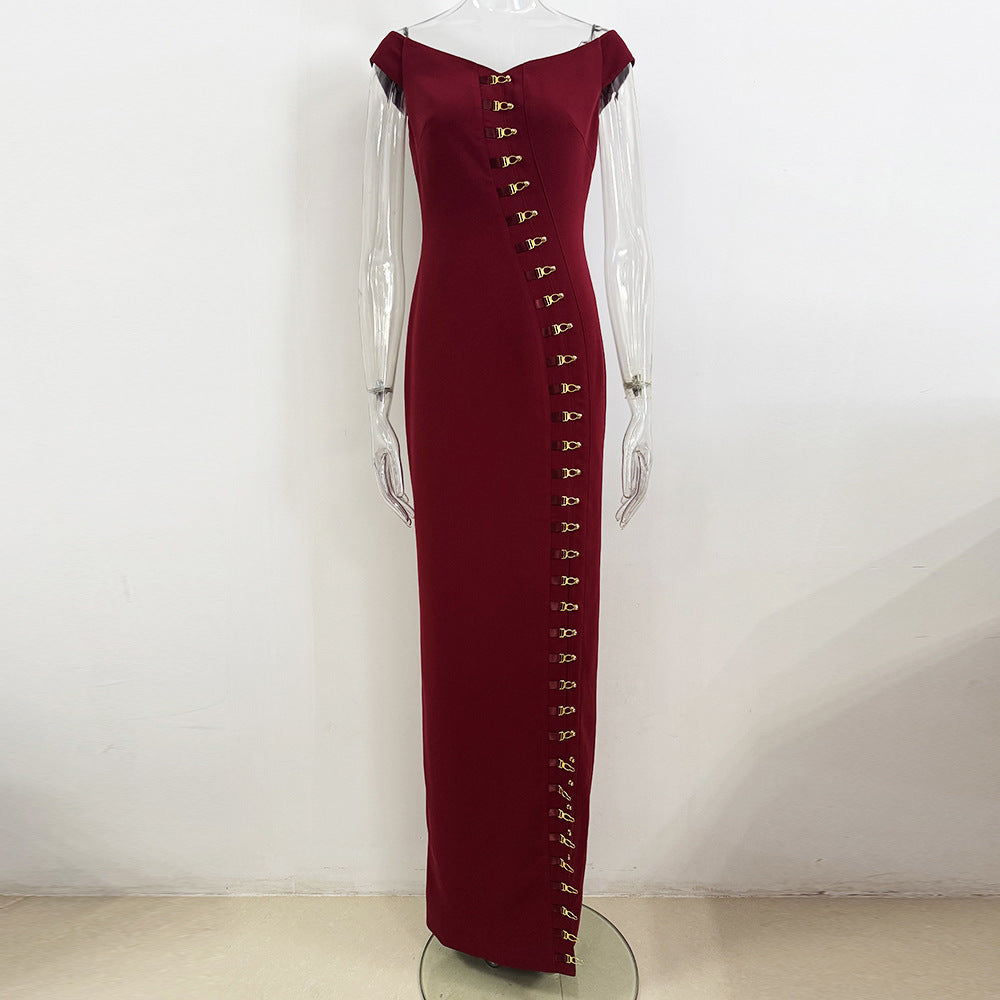 Metal Button-front Slit-fit Dress
