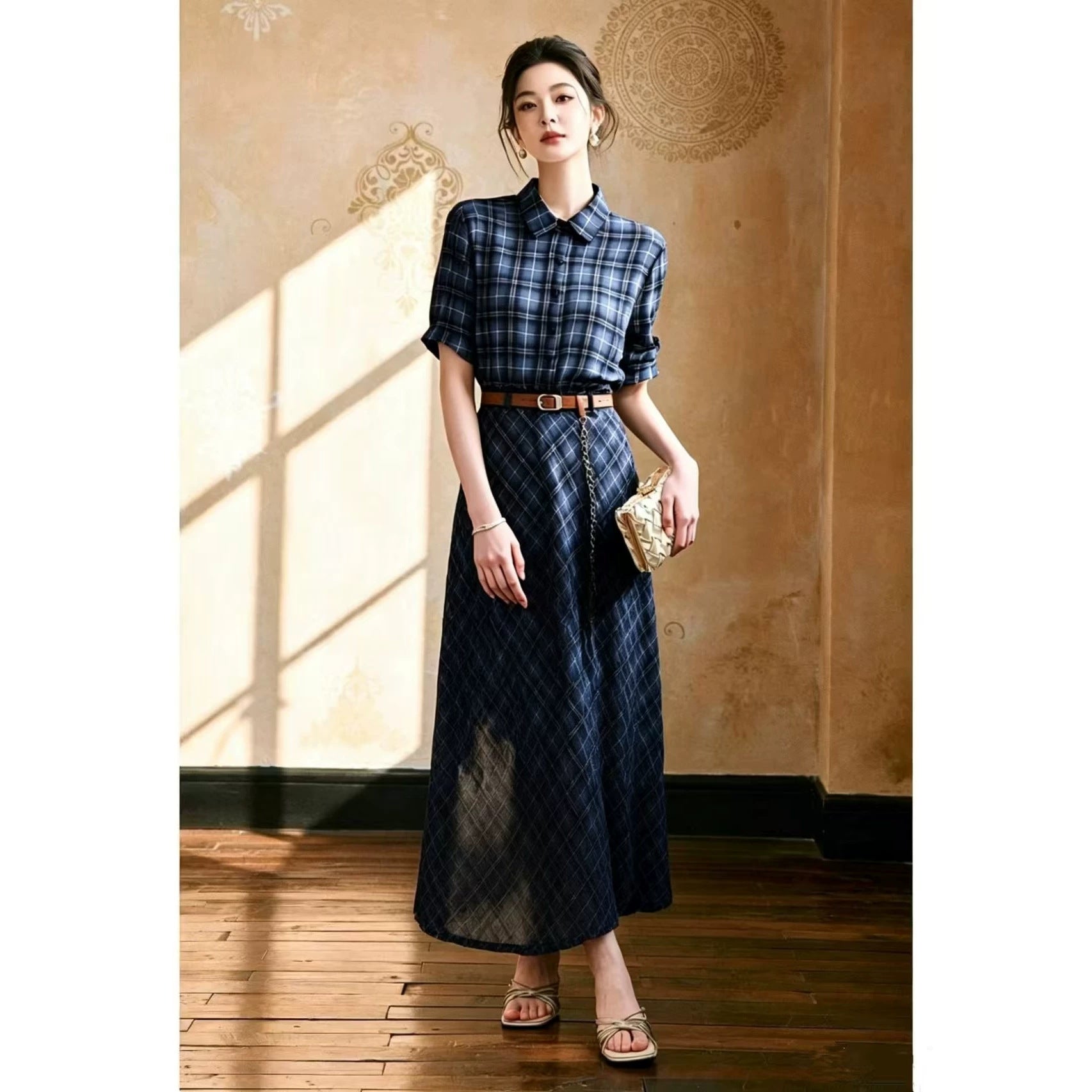 Women's Elegant Blue Plaid Shirt Dress