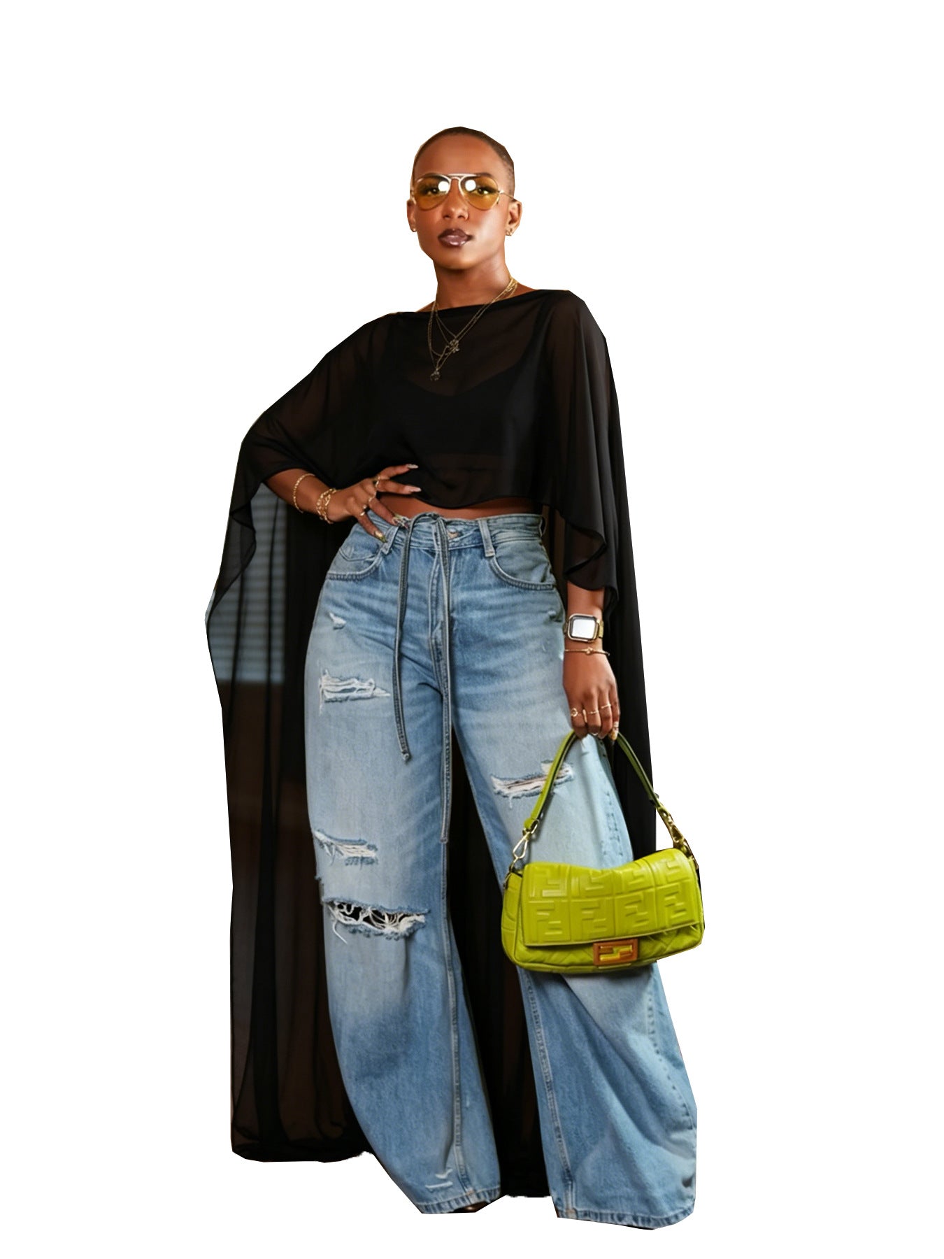 Elegant Womens Loose-fit Mesh Maxi Cape With Draped Batwing Sleeves And A Midriff-baring
