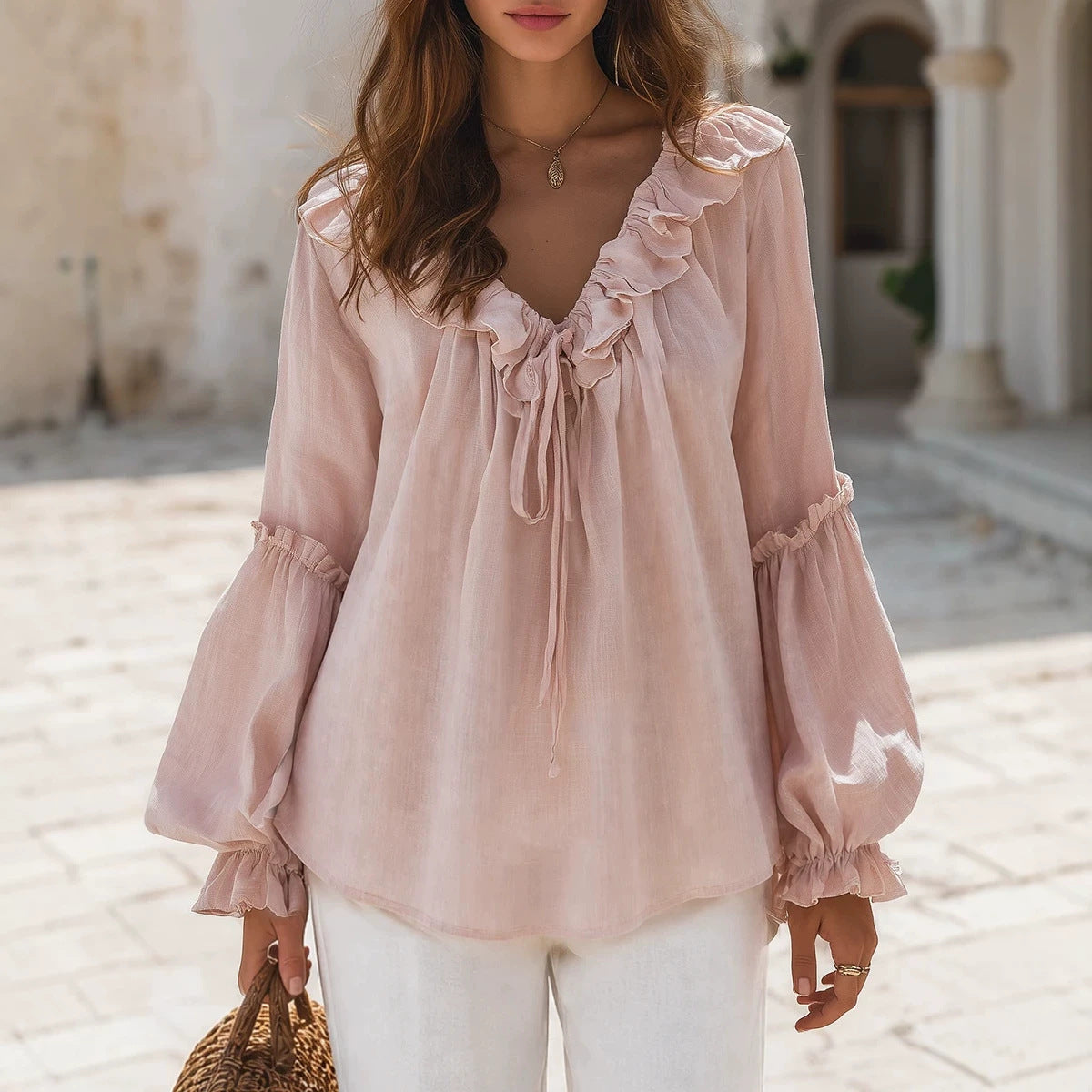 Retro Ruffled V-neck Top With Loose Figure-flattering Lantern Sleeves