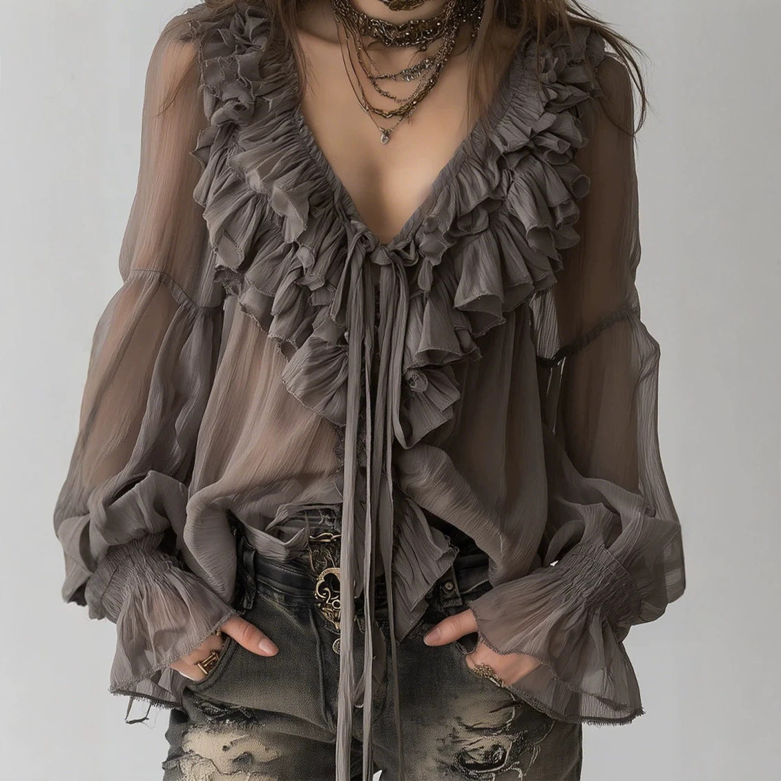 Gray-Brown V-Neck Multi-Layer Ruffled Lace-Up Long-Sleeve Blouse For Women