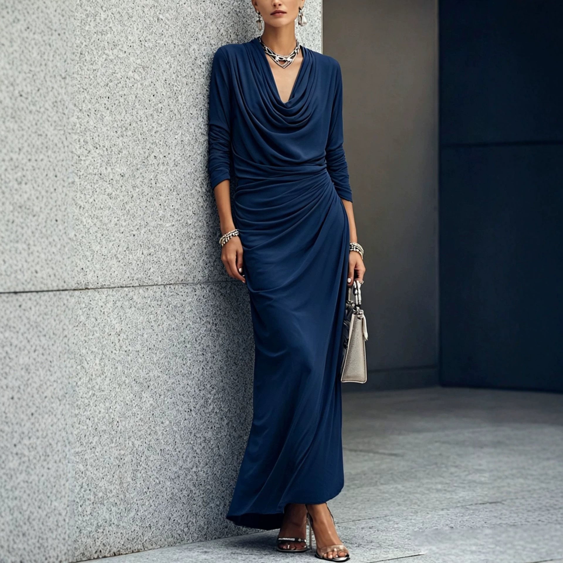 Women's Draped Boat-neck Long-sleeve Dress