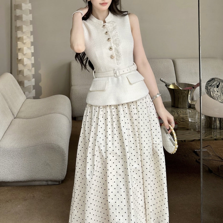 Sleeveless Faux Two-piece Spliced Polka-dot Dress