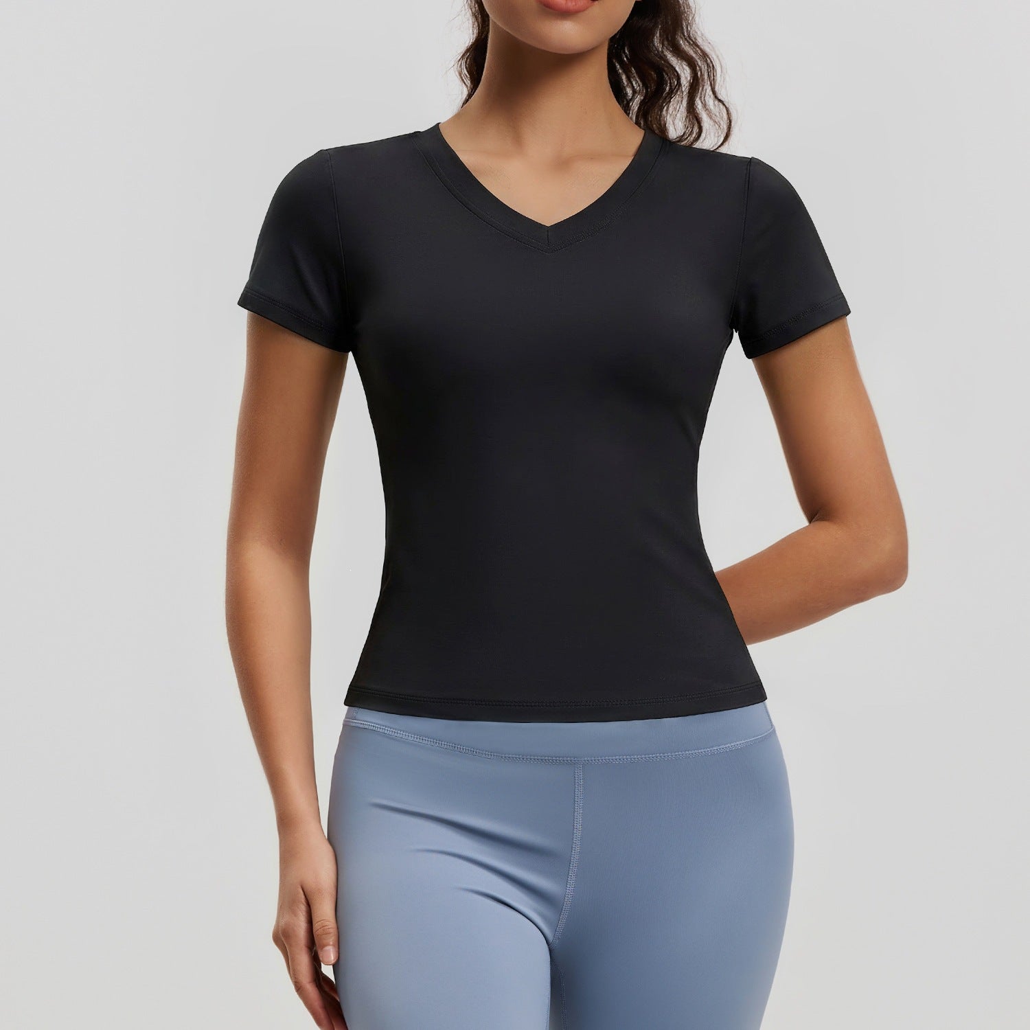 Peach Basic V-neck Short Sleeve Sports Top