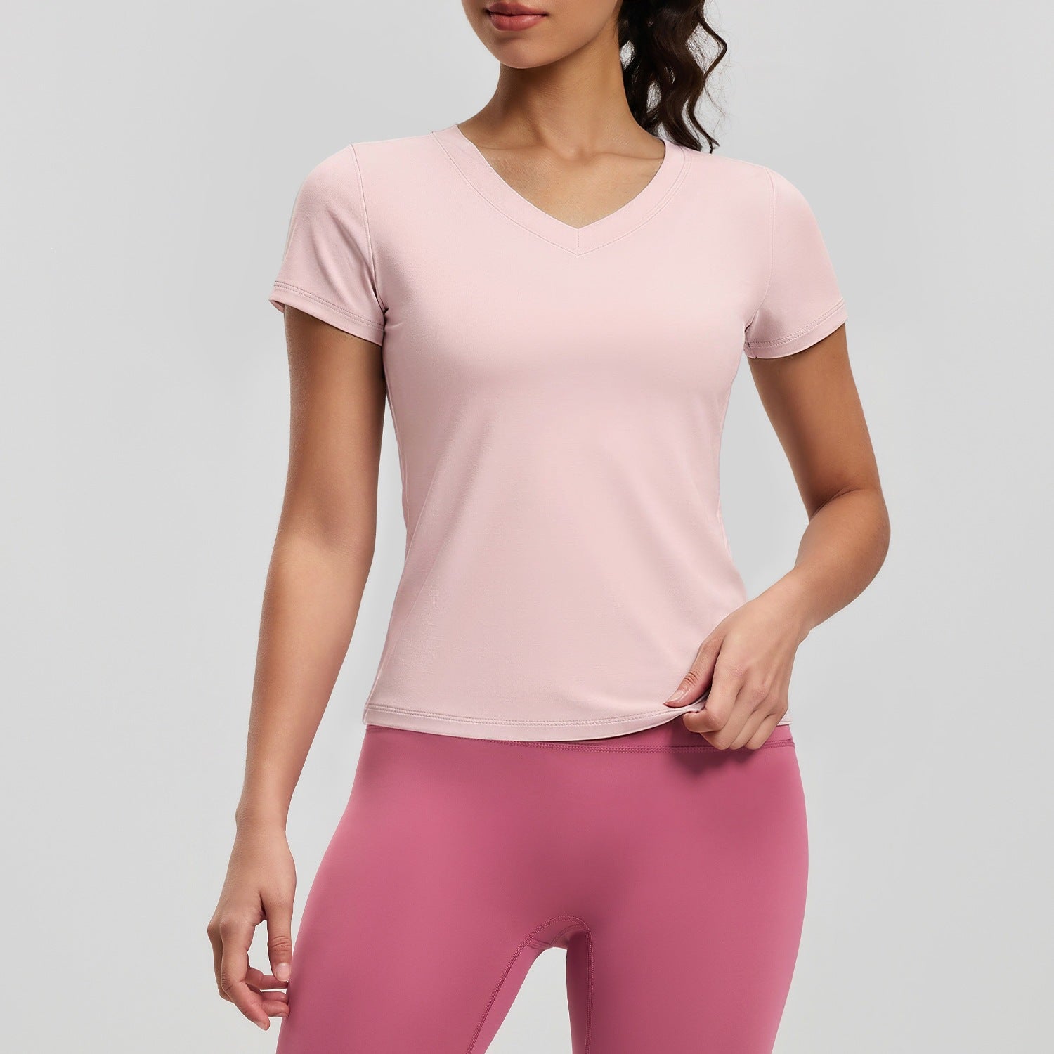 Peach Basic V-neck Short Sleeve Sports Top
