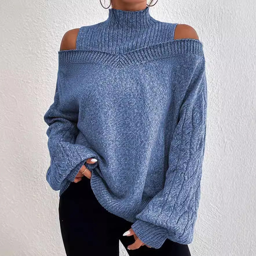 Off-shoulder Womens Pullover Mock Turtleneck Puff-sleeve Knit Sweater For Women