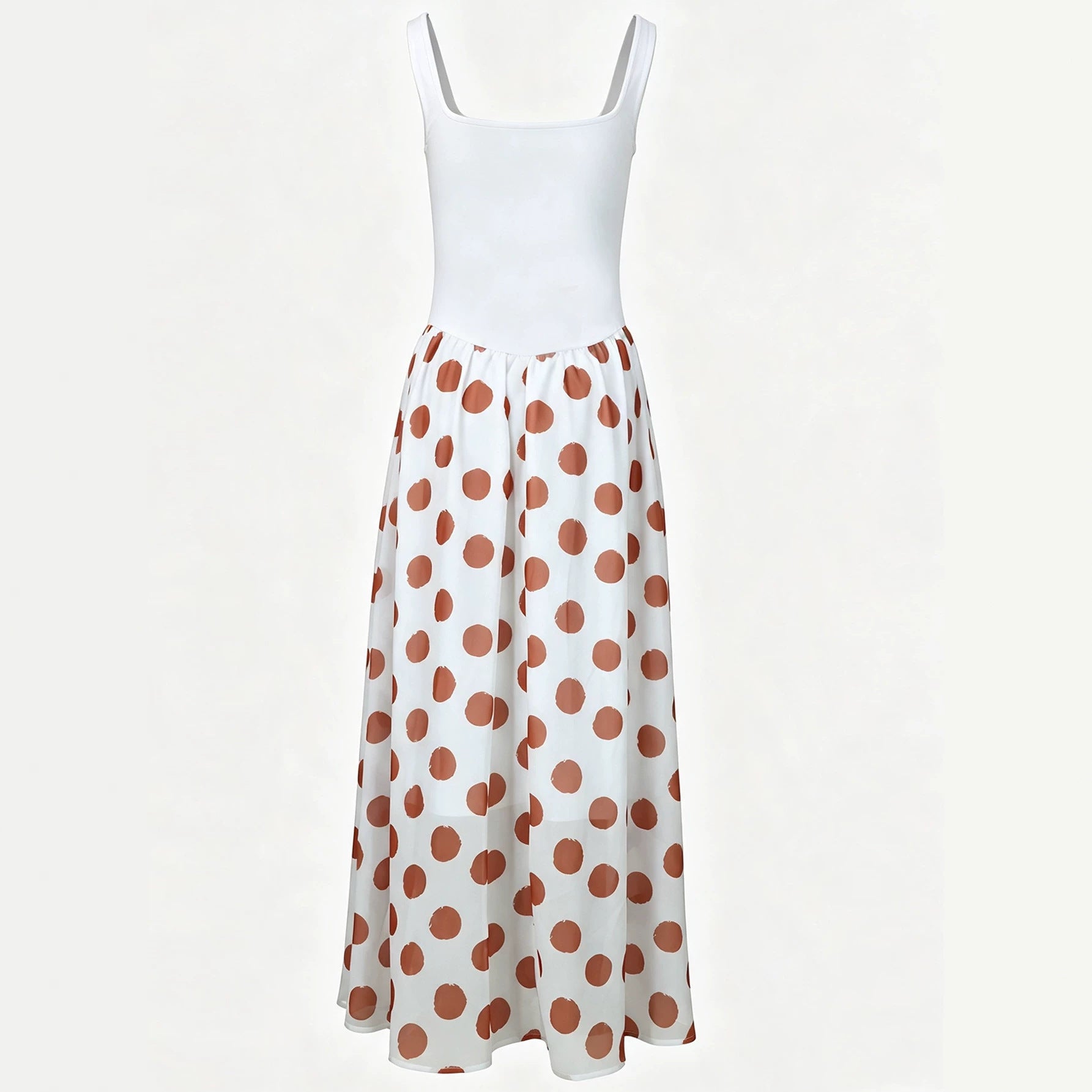 Waist-cinching Strap Dress With Patchwork Polka Dots