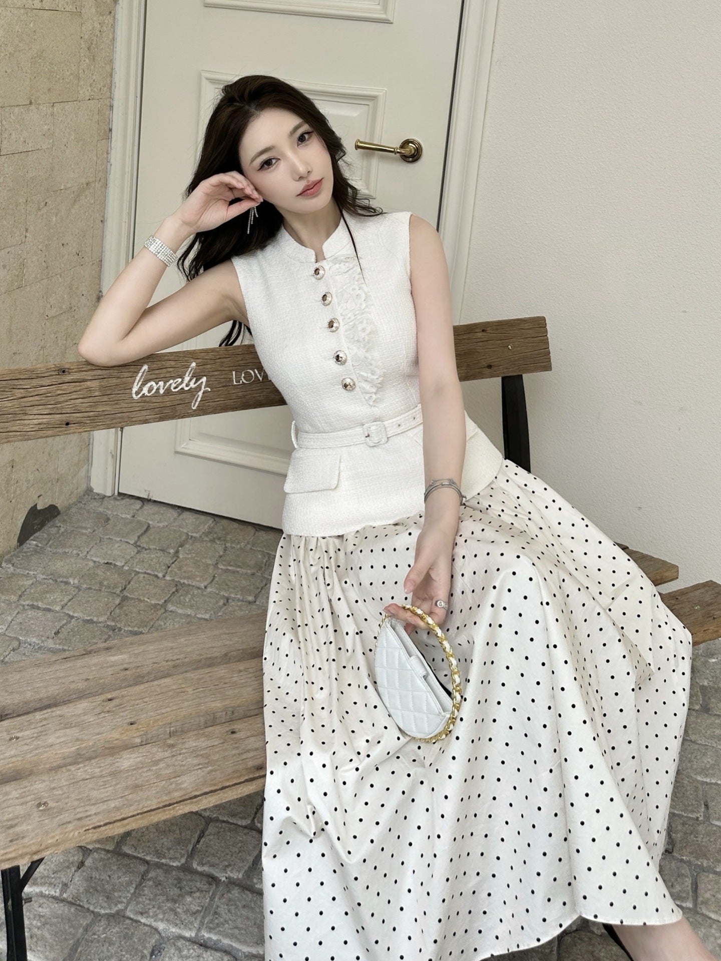 Sleeveless Faux Two-piece Spliced Polka-dot Dress