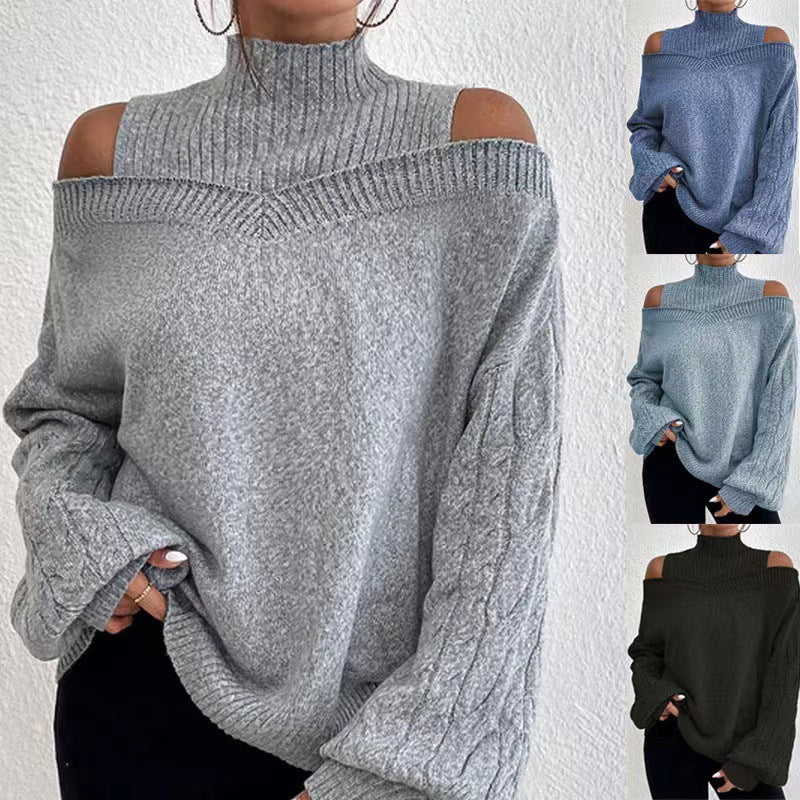 Off-shoulder Womens Pullover Mock Turtleneck Puff-sleeve Knit Sweater For Women