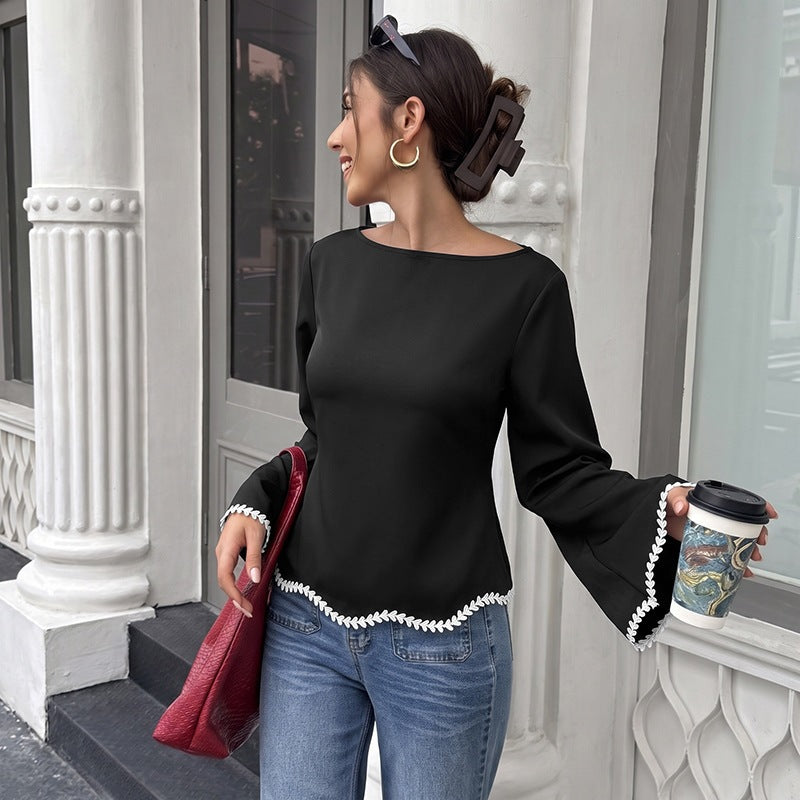 Lace-trimmed A-line Paneling Floral-edge Long-sleeve Blouse For Women
