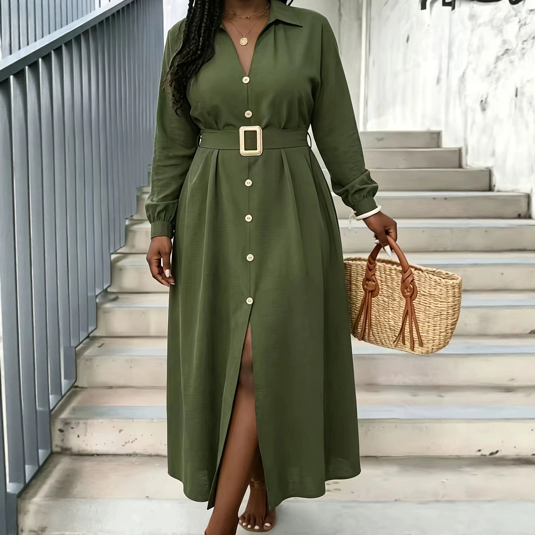 Waist-cinching Figure-flattering V-neck Long-sleeve Dress For Women