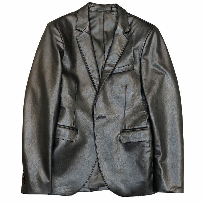 New Polo Collar Solid Color Leather Jacket Korean Slim PU Leather Jacket Men