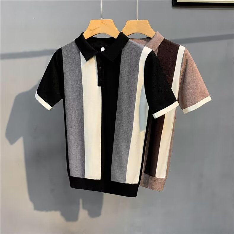 Short Sleeve Men's Vintage Stripe Personality Zipper Half Sleeve
