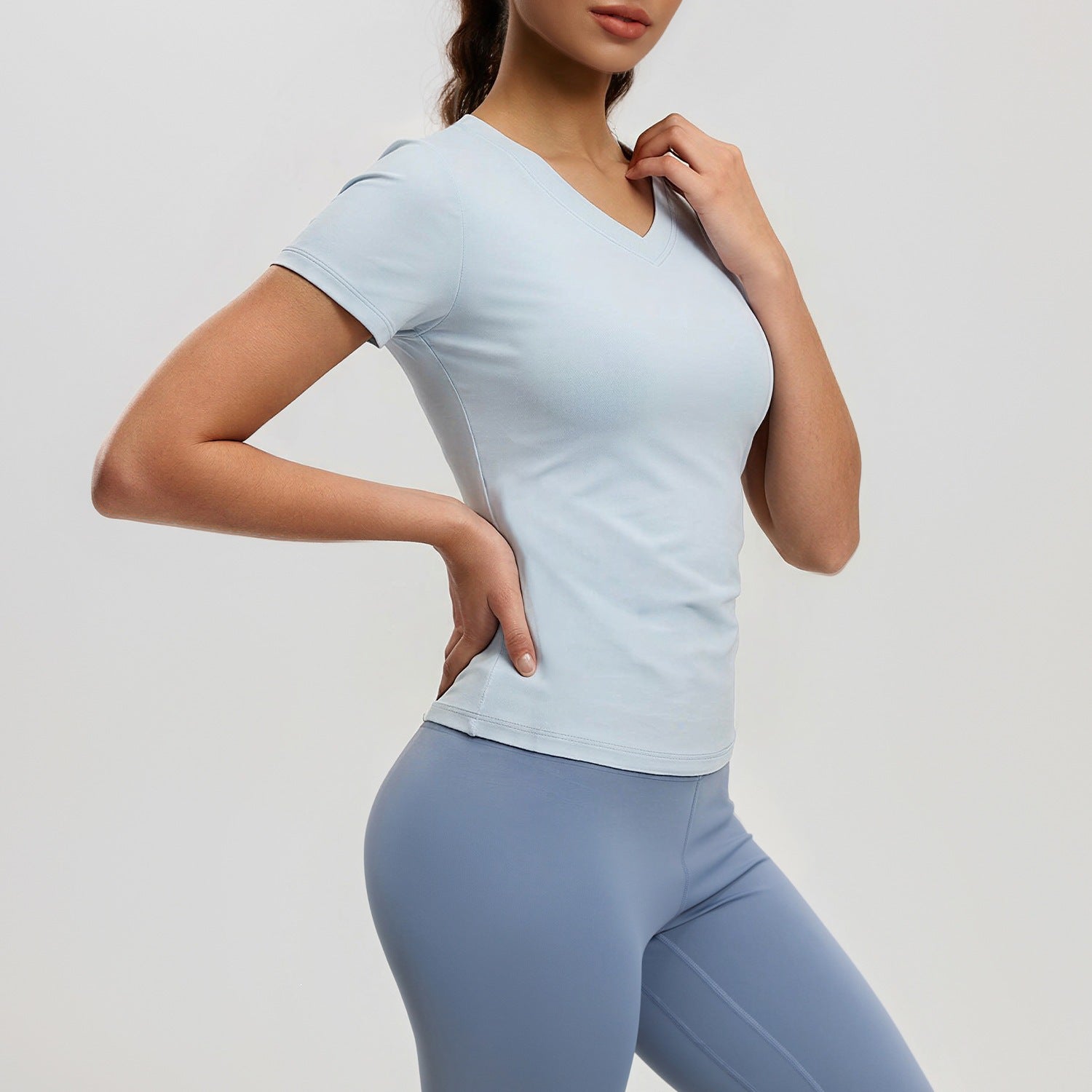 Peach Basic V-neck Short Sleeve Sports Top