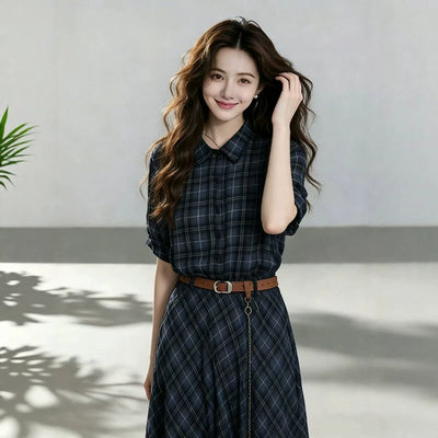 Women's Elegant Blue Plaid Shirt Dress