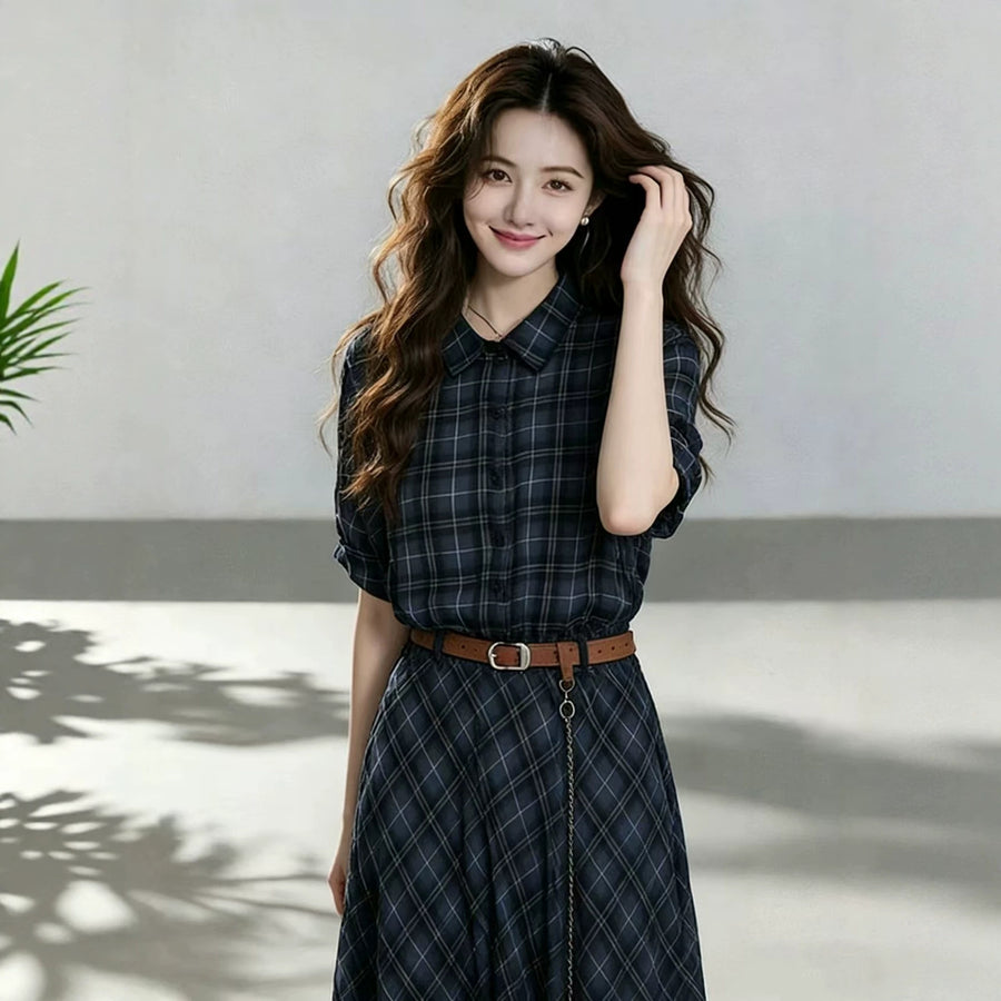 Women's Elegant Blue Plaid Shirt Dress
